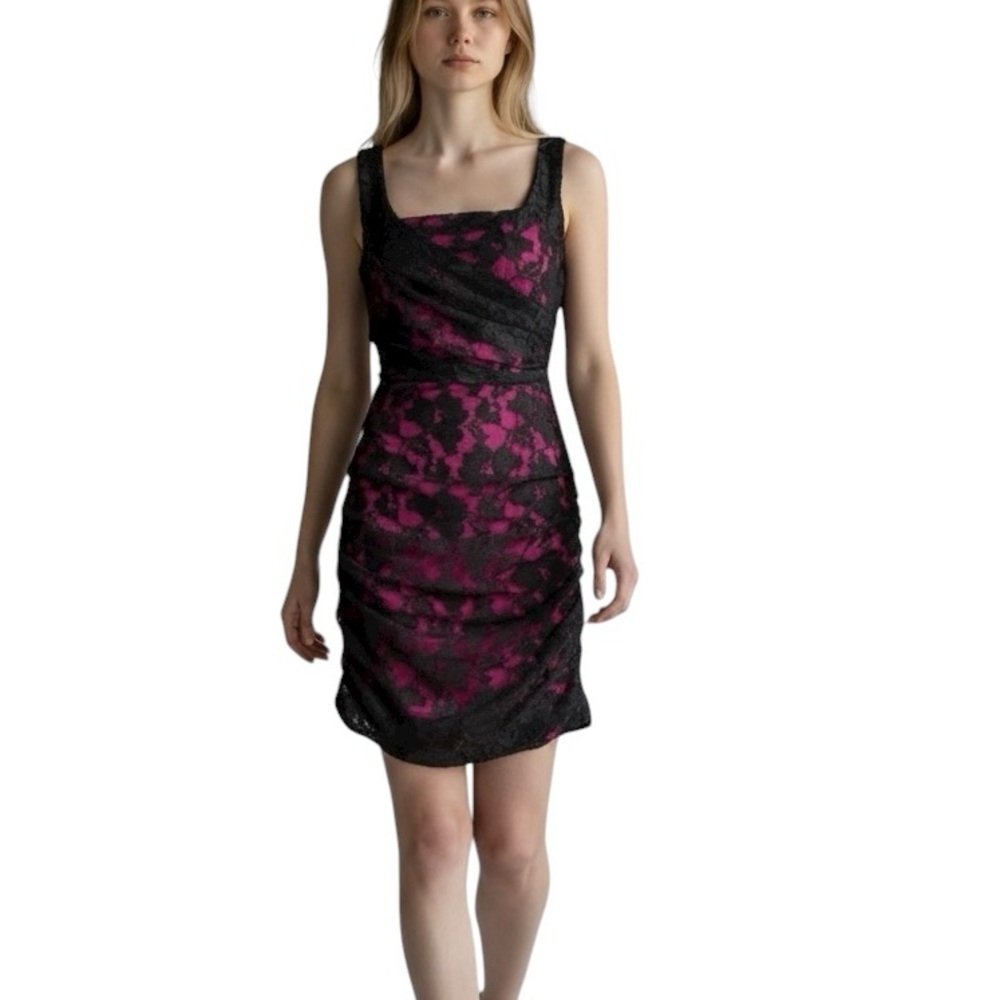 Express Size 6 Pink Black Lace Ruched Bodycon Dress Holiday Wedding Guest NYE